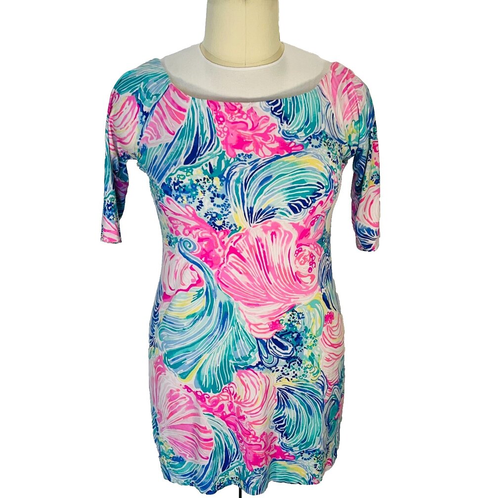 Lilly Pulitzer Dress Womens XL Off Shoulder 3/4 Sleeve Pink Teal Blue Seashells
